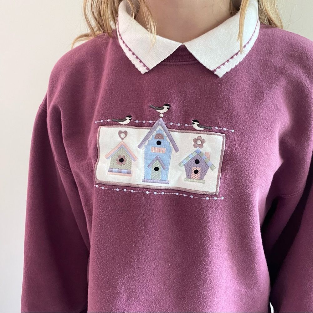 Vintage Collared Top with Embroidered Birdhouse & Birds Design